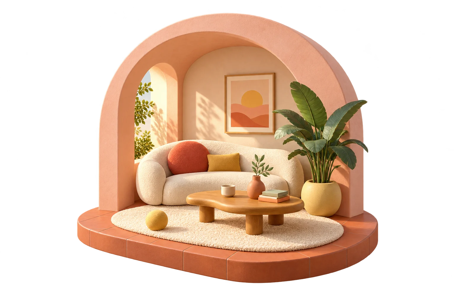 A sunlit miniature living room with a peach arch, a cozy sofa, and a leafy plant.